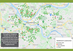 Map of Allegheny County properties by classification, vacant land is green dots, buildings are red dots, not classified are yellow dots and gray dots are other